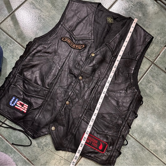 VTG 90s Leather Patchwork Lace Up Sides Motorcycle Biker Vest - Picture 11 of 13